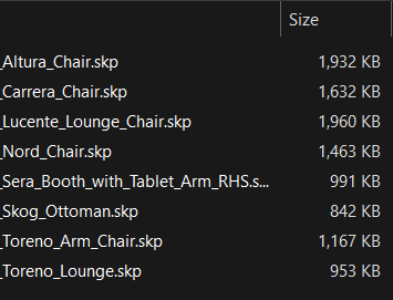File list showing the eight furniture product models and their optimized file sizes