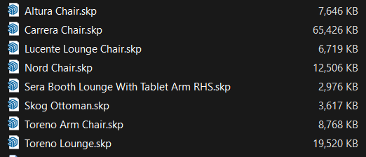 File list showing the eight furniture product models and their received file sizes